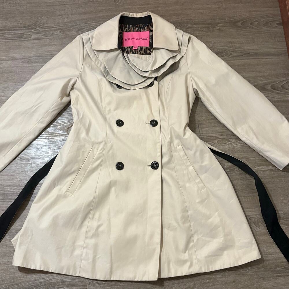 Betsey Johnson Trench Coat Womens Sz L Beige Ruffle Collar Leopard Lining Belted - Picture 5 of 12